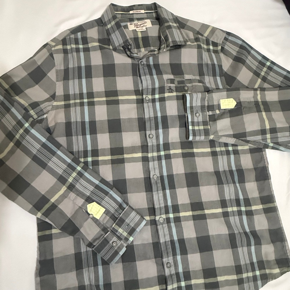 Original Penguin Mens Grey Plaid Button Down Shirt Classic Fit Large Long Sleeve
